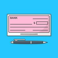 Bank Check Or Bank Cheque With Pen Vector Icon Illustration. Blank Cheque Flat Icon