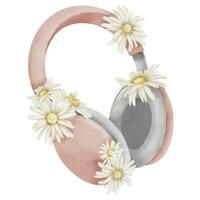 Pink female Headphones with daisy flowers. Hand drawn watercolor illustration of Earphone for women on isolated background. Drawing of Headset for icon or logo. Earpiece for listening to music sketch vector