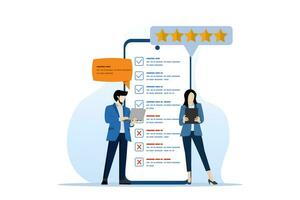 The concept of online surveys, people fill out online survey forms via telephone. People Give Feedback, Choose Answers, Make Decisions and Research. Checklist. Feedback service. People Give Feedback. vector