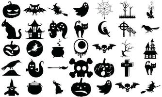 Set of silhouettes of Halloween on a white background. Vector illustration. Black Halloween Icon Set