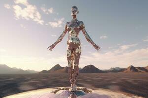 Crome robot woman posing with spread arms. Artificial intelligence rise and shiny. Mechanical beauty. Generated AI. photo