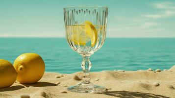 Glass with lemon water in the sand of the beach. Vacation scene with lemonade glass on the shore line. Generative AI photo