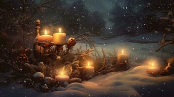Navidad tarjeta con nieve y velas invierno Días festivos ornamento y velas en el Navidad escena. generado ai. foto