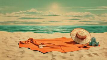 sombrero y toalla en el arena de el playa. vacaciones escena con Paja sombrero en el apuntalar línea. generativo ai. foto