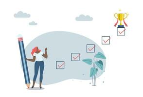 Monitoring the progress of work, Setting goals and follow up work, project achievement or progress, Businesswoman holding pencil ticking all completed task checkboxes, Vector dsign illustration.