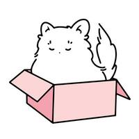 A cute kawaii cat sits in a box. Vector minimalistic doodle illustration.