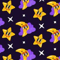 Vector dark purple seamless pattern with stars, moon and clouds. Cute and funny characters for kids background