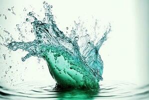 Water splash with beautiful drops flying away. Liquid motion background. Generated AI. photo
