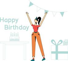 The girl wishes Happy Birthday. Surprise party. Gift, cake and decorations. Holiday character. Woman in party hat raises her hands. Skinny brunette with a ponytail. Vector illustration