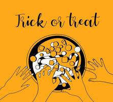 Trick or treat Halloween illustration. Vector orange, black and white illustration with hands taking candies from the bowl.