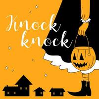 Vector Halloween orange, black and white colors. Halloween poster with a Knock knock inscription, giant girl dressed like a witch and small houses below.