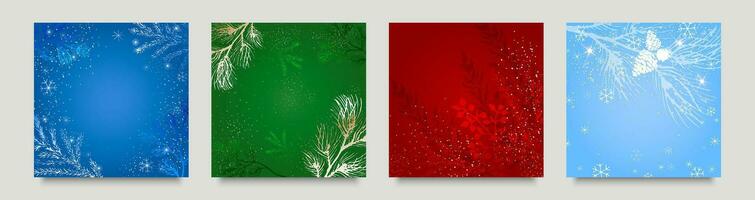 Set of winter templates with bright designs. Christmas tree branches, pine trees, winter berries, plants, snowflakes. Background for the design of Merry Christmas and New Year greetings, holiday cover vector