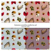 Set of seamless botanical patterns. Autumn leaves, mushrooms, berries. Watercolor vector. vector