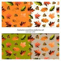 Set of seamless botanical patterns. Autumn leaves, oak, maple. Watercolor vector. vector