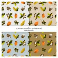 Set of seamless botanical patterns.Autumn leaves, oak, acorn. Watercolor vector. vector