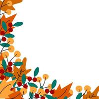 Bottom corner frame of autumn leaves and twigs with berries in trendy seasonal warm shade. Copyspace vector