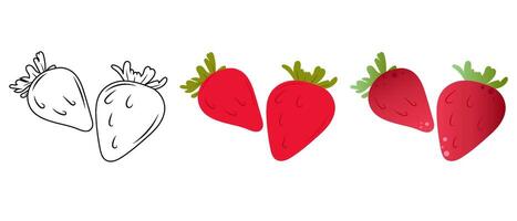 Set of vector illustrations of strawberries in flat, doodle and 3D style on a white background.