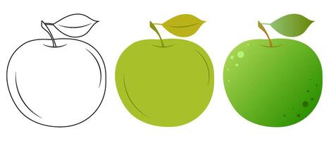 Vector illustration of an apple in flat, doodle and 3D styles on a white background.