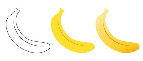 Set of vector illustrations of banana in flat, doodle and 3D styles on a white background.