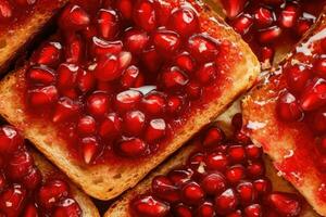 Pomegranate toast, macro shot of a fresh breakfast with Dripping Honey, AI Generated photo