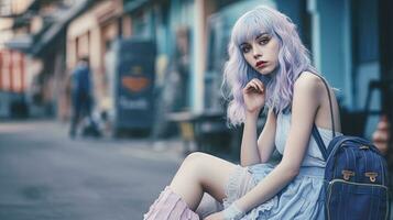 hermosa mujer sentado en el calle con linda cartera. Moda modelo posando exterior. generado ai. foto