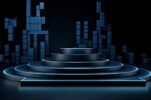 Dark blue pedestal in black room with geometric shapes. Podium for product showcase. Generated AI. photo