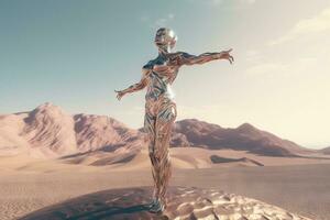 Crome robot woman posing with spread arms. Artificial intelligence rise and shiny. Mechanical beauty. Generated AI. photo