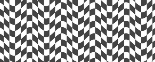 Checkerboard wavy pattern. Abstract chess square print. Black and white psychedelic optical illusion. Warped flag with geometric graphic. Y2k design for banner vector