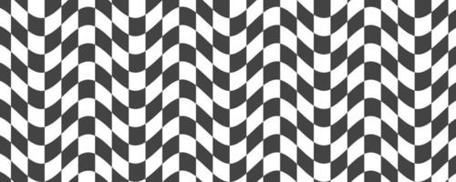 Checkerboard wavy pattern. Abstract chess square print. Black and white psychedelic optical illusion. Warped flag with geometric graphic. Y2k design for banner vector