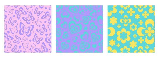 Y2k seamless pattern with groovy flowers hearts and butterfly. Retro print with aesthetic daisies. Vector set
