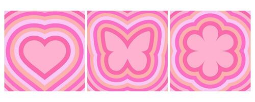 Groovy backgrounds with heart flower and butterfly. Retro psychedelic pink tunnel illustration. 60s 70s cartoon design for poster. Y2K romantic wallpaper. Vector art