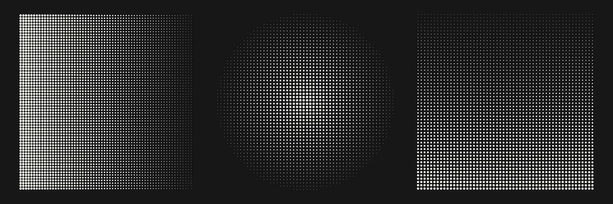 Abstract geometric halftone shapes. White dotted circle and square gradient.