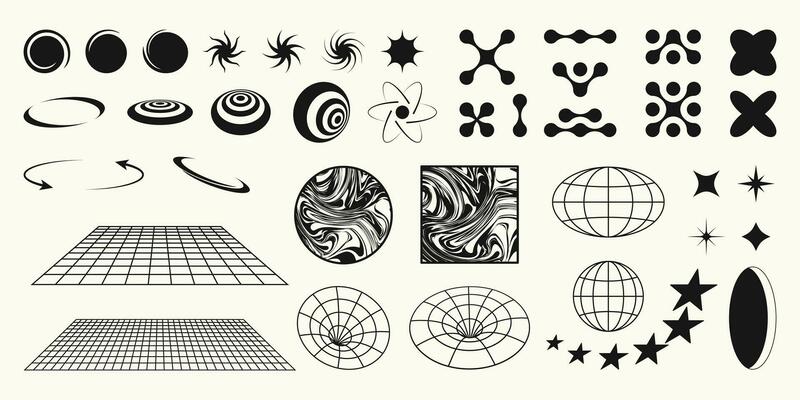 Set of abstract geometric shapes and elements in retro style. Y2k aesthetic design. Template for banner, poster, social media, logo, stickers.
