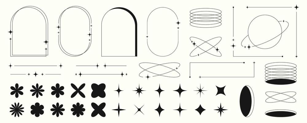 Modern minimalist line frames and elements in trendy retro style. Y2k aesthetic design.