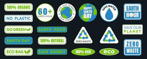 Save planet trendy stickers collection. Earth day, save planet, Earth hour concept. World environment day. Eco labels or badges. vector