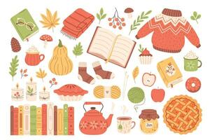 Autumn set of cute and cozy design elements. Fall mood. Autumn plants, food, harvest festival and thanksgiving day attributes. vector