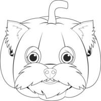 Víspera de Todos los Santos saludo tarjeta para colorante. Yorkshire terrier perro vestido como un calabaza vector