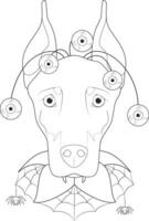 Halloween greeting card for coloring. Doberman dog dressed with terrifying eyes and a spider web collar vector