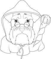 Halloween greeting card for coloring. Schnauzer dog dressed as a wizard with black hood and magic wand vector