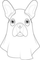 Halloween greeting card for coloring. French Bulldog dog dressed as a ghost vector