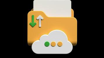 Cloud storage 3d animation. File transfer concept. Cloud download and upload icon. Digital file organization service or app with data transferring. Transparent background with alpha channel video