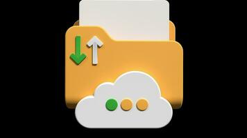 wolk opslagruimte 3d animatie. het dossier overdracht concept. wolk downloaden en uploaden icoon. digitaal het dossier organisatie onderhoud of app met gegevens overdragen. transparant achtergrond met alpha kanaal video