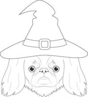 Víspera de Todos los Santos saludo tarjeta para colorante. pekinés perro vestido como un bruja con negro sombrero vector