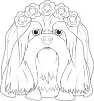 Halloween greeting card for coloring. Lhasa Apso dog dressed as a ghost with purple flowers on his head and a wedding veil vector