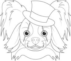 Víspera de Todos los Santos saludo tarjeta para colorante. Papillon perro con parte superior sombrero y payaso maquillaje vector