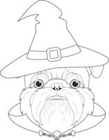 Halloween greeting card for coloring. Brussels Griffon dog dressed as a witch with black hat, purple and black cape, and a little chain necklace with a skull vector