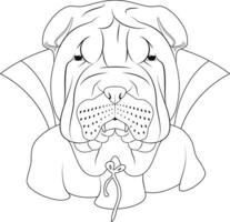 Halloween greeting card for coloring. Shar Pei dog dressed as a vampire with fangs and cape vector