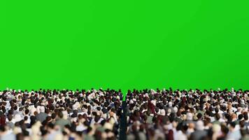 verde schermo posteriore Visualizza 3d folla seduta su tribuna, persone con sfocatura effetto nel primo piano video