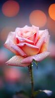 Stunning macro shot of a dew-kissed rose in full bloom with dreamy blurred background and copy space AI Generative photo