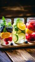 Trendy Assortment of Detox Fruit Water in Vibrant Mason Jars on a Rustic Wooden Tabletop AI Generative photo